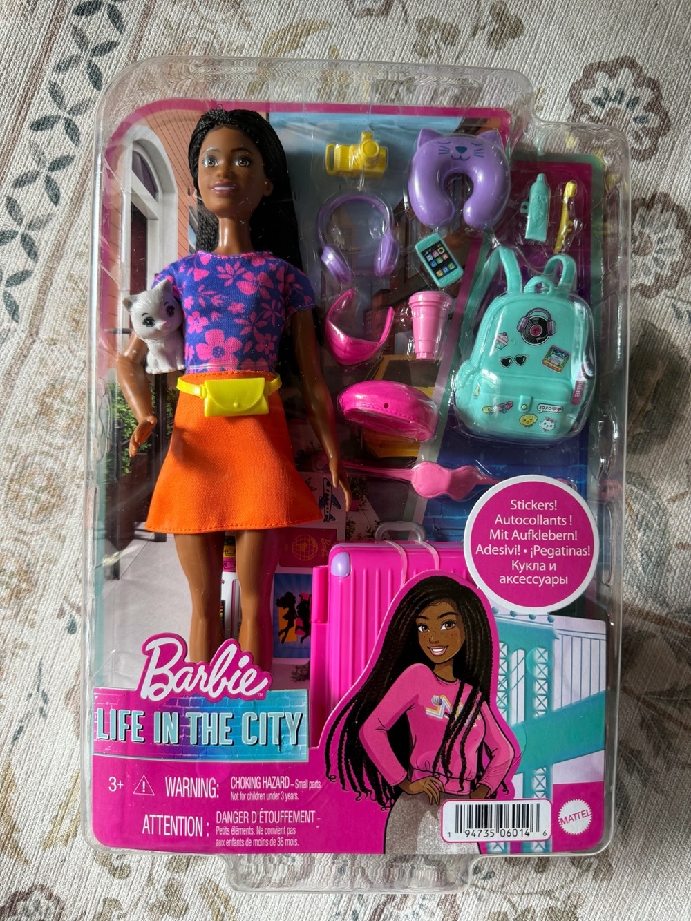 Barbie Doll with Purple Floral Top, Orange Skirt & Teal Backpack